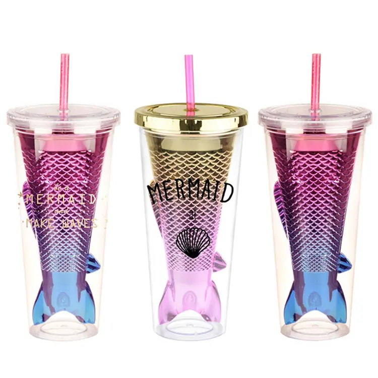 16Oz Đôi Tường Tumbler Nàng Tiên Cá Cốc Cốc Cốc In Ấn Cốc Với Rơm Và Nắp Cho Vinyl