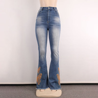 Jean ample taille haute personnalisé pour femme, brodé, coupe large, style pattes d'éléphant
