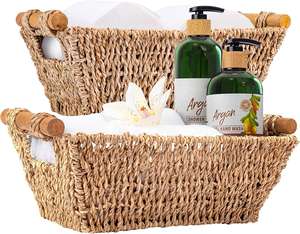 Paniers de rangement rectangulaires modernes tissés à la main en rotin avec poignées en bois - Product Image 6