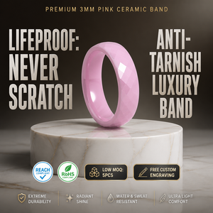 Elegante Anillo de Cerámica Rosa de 6 mm con Textura Facetada, Resistente al Agua, Ultraligero, Cómodo, de Lujo y Moda - Product Image 1