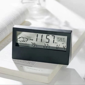 LCD Desk Alarm Clock White with Calendar and Digital Temperature Humidity Modern Home Office Watch <b>Battery</b> Operated - Product Image 1