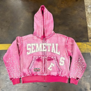 Sweat à capuche zippé en molleton bouclette pour homme, personnalisé avec broderie, effet délavé, strass de luxe, coupe oversize - Product Image 1