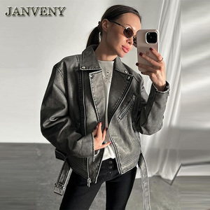 JANVENY 2024 printemps automne Faux <span class=keywords><strong>cuir</strong></span> lavé veste femmes à manches longues revers col Locomotive PU <span class=keywords><strong>Imitation</strong></span> <span class=keywords><strong>cuir</strong></span> <span class=keywords><strong>manteau</strong></span> court - Product Image 1