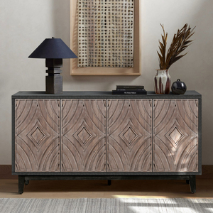 Mid Century Sideboard Buffet Cabinet 60 In Solid Wood Legs 4 Door Convex Diamond Pattern <b>Storage</b> Credenza <b>Kitchen</b> - Product Image 3