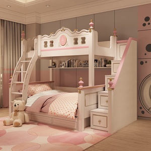 <span class=keywords><strong>Cama</strong></span> litera de madera maciza para niños, diseño de princesa para niñas, <span class=keywords><strong>cama</strong></span> alta y baja de dos niveles para dos personas <span class=keywords><strong>con</strong></span> tobogán madre-hijo - Product Image 3