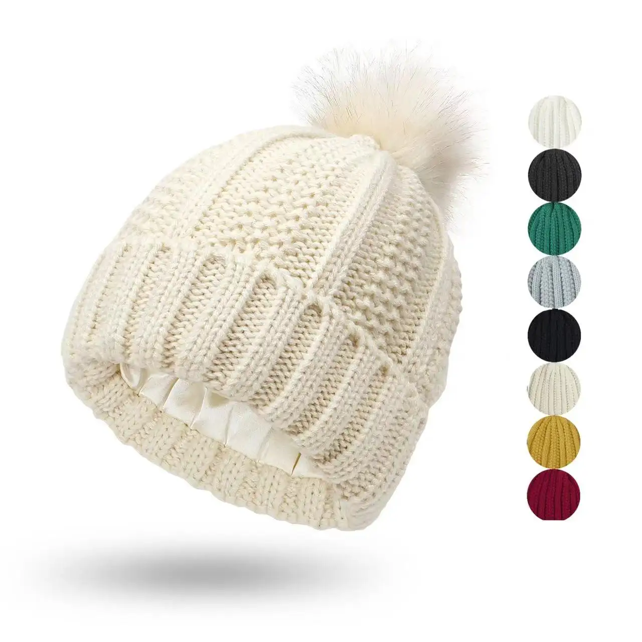 Multiple Colors Women Winter Caps With Satin Lining Pom Pom Beanie Hats