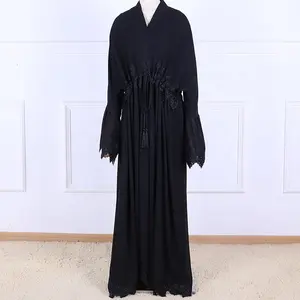 ラマダンのための新着ファッションブラックプレミアムゴージャスなシェードシフォンアバヤドレスレースエッジイスラム教徒の控えめなドレス