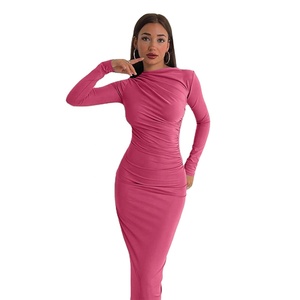 Vestido Casual Elegante de Primavera para Mujer, Manga Larga, Corte Entallado, Color Sólido, Cuello Redondo, Cintura Alta, Estilo Europeo - Product Image 1