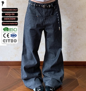 Pantalones Vaqueros Anchos a Rayas OEM, Cintura Alta, Corte Holgado, Estilo Vintage, Largos, para Mujer, 100% Algodón, Transpirables - Product Image 1