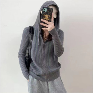 Women's Hooded Knit Sweater One Size Gray Soft Ribbed Zip Front <b>Cardigan</b> Stylish Commute Wear - Product Image 2