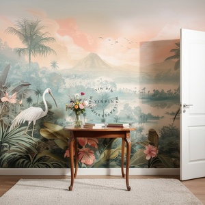Papier peint mural traditionnel en vinyle à peler et à coller, paysage tropical paradisiaque, oiseaux exotiques, décoration murale pour la maison - Product Image 4