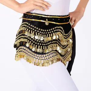 Belly Dance Costume Performance Hip Scarf for Women Practice Training Belt Velvet Bollywood Wrap Skirt Gold Coins Indian Adults