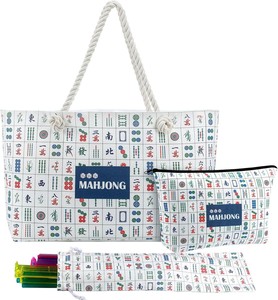 Eco-Friendly Canvas Letter Print Mahjong <b>Case</b> Handheld <b>Cosmetic</b> Bag with Zipper Large Capacity Storage Ready to Ship - Product Image 6