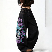 Celana Jeans High-waisted Loose-fitting Wide-leg Drapey Straight-leg - Celana Jeans Bordir Bunga Ungu Motif Harimau Gaya Cina Terbaru