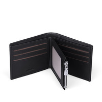 Dompet Lipat Pria Anti RFID, Resleting Pendek, Kulit Sapi, Poliester, Hitam, Motif Logo, Kualitas Tinggi