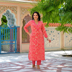 Premium Coral Red 60x60 Cotton Digital Print Suit Set with Mirror Work Straight <b>Kurta</b> Matching Pants for <b>Women</b> Ethnic Wear - Product Image 1