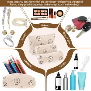 Juego de 3 Bolsas de Cosméticos de Pana con Diseño de Cara Sonriente, Estuche para Lápices Estilo Preppy, Bolsa de Viaje para Maquillaje y Belleza - Product Image 3