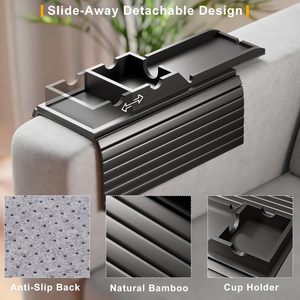<span class=keywords><strong>Mesa</strong></span> Auxiliar Plegable Antideslizante Desmontable Negra 2 en 1 para Sofá, Bandeja para Brazo de Sofá con Portavasos para Bebidas, Control Remoto de TV y Bandejas de Almacenamiento para Aperitivos - Product Image 2
