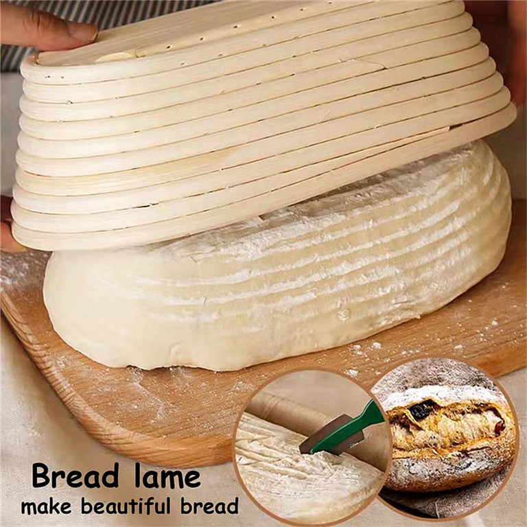 Set Da Panificazione – 2 Cesti In Rattan Per Lievitazione Pane + 2 Coperchi In Lino + Raschietti – 25 Cm, Fatto A Mano - 2