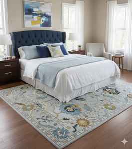 Alfombra de Lana Anudada a Mano, Diseño Floral Azul Claro, Hecha a Mano en India, Antiestática, de Pelo Alto, Lavable, Ecológica, para Dormitorio o Sala de Estar - Product Image 1