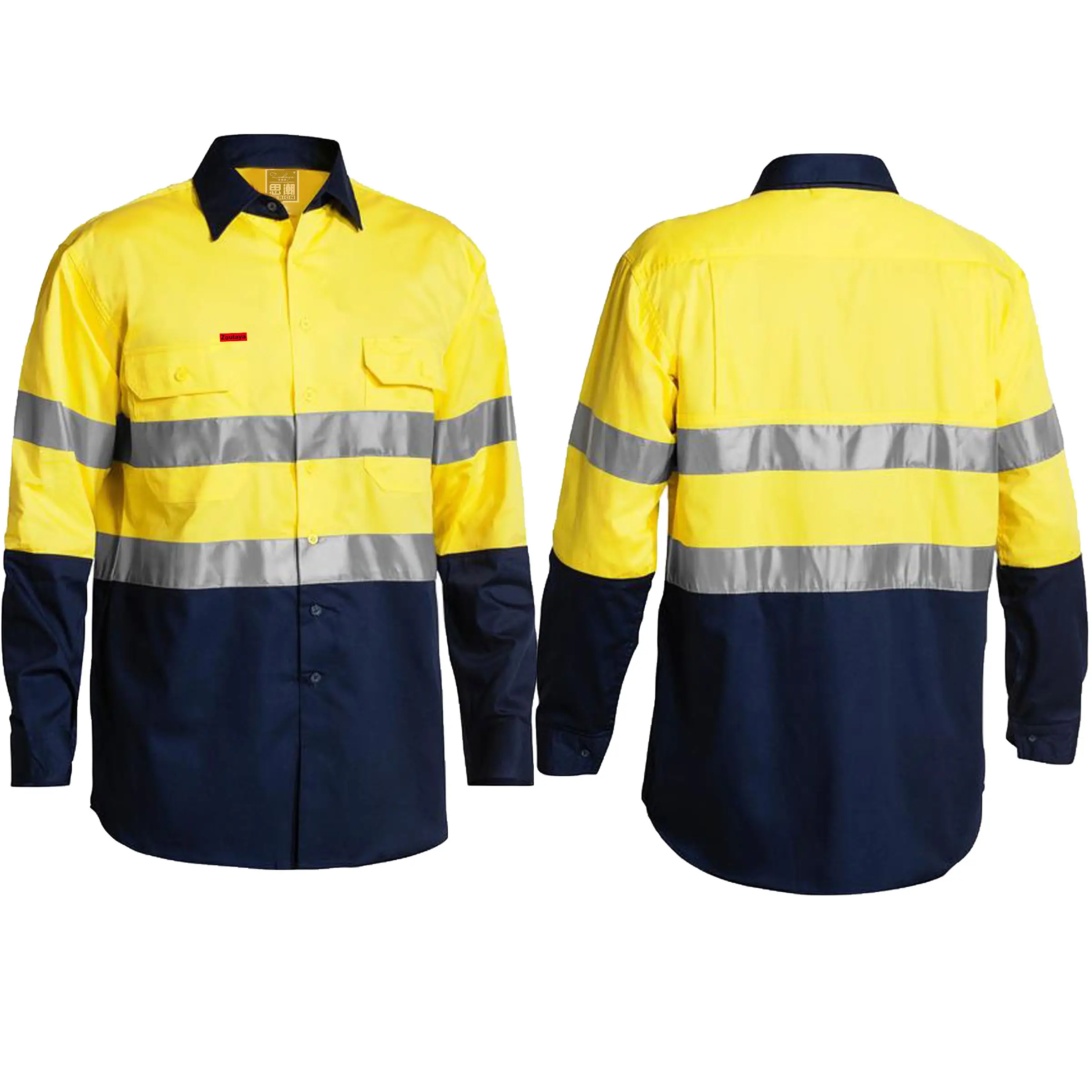 Camicia leggera ad alta visibilità camicia 100% cotone a maglia a manica lunga camicia di sicurezza riflettente uniforme da lavoro con ventilazione