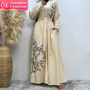 1717# Fashionable Embroidered Floral Applique Open Abaya Long Sleeve Crepe Dubai Abayas <b>Cardigan</b> With Side Pockets 2 Colors - Product Image 1