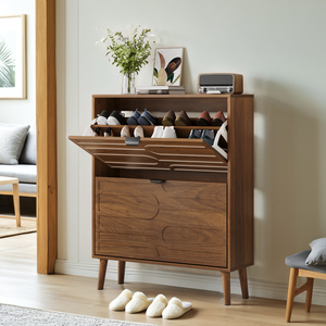 Modern Independent Shoe Cabinet 31.5 Inch Walnut <b>Storage</b> Cabinet with 2 Flip <b>Drawers</b> Fence Design - Product Image 3