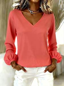 Women's Casual Office <b>Summer</b> Breathable <b>Long</b>-Sleeved V Neck Lantern Woven Solid Color Loose <b>Tops</b> - Product Image 5