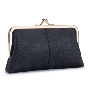 Cartera larga de cuero genuino para mujer, bolsa de almacenamiento para tarjeta de crédito de alta capacidad para teléfono móvil con cierre de beso dorado - Product Image 6