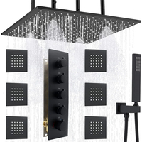 Système de douche thermostatique en laiton noir mat de luxe 20 pouces 4-en-1 avec LED, jet de pluie et massage, ensemble complet pour hôtel