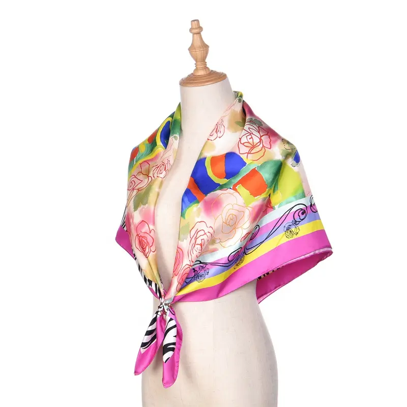 Custom Designer Luxe Satijn Zijde Sjaal 100% Digitale Afdrukken Vierkante 90*90 Zijde Charmeuse Sjaal Voor Vrouwen