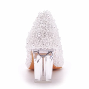 BS055 scarpe da sposa sposa 6.5cm 9.5cm <span class=keywords><strong>tacco</strong></span> quadrato pizzo <span class=keywords><strong>bianco</strong></span> <span class=keywords><strong>con</strong></span> perle scarpe Mariage festa damigella moda calzature - Product Image 5
