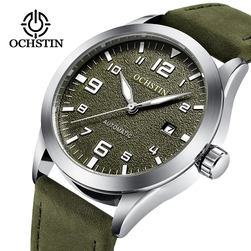 OCHSTIN 62028 wholesale green men mechanical watch potty Genuine Leather Strap water resist date display Simple Leisure watch