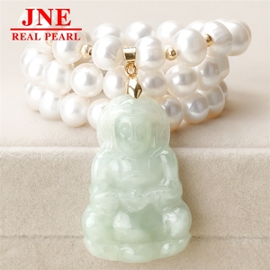 Natürliche Perlenkette mit Runden Perlen, Jade-Göttin der Barmherzigkeit, Goldene Kugeln, Perlenkette als Muttertagsgeschenk für Ältere - Product Image 2
