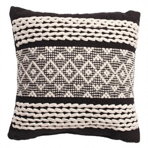 Bohemian Knitted Throw <b>Pillow</b> Cover Geometric Pattern <b>Black</b> White Square Decorative Cushion Textile Indoor Use - Product Image 1