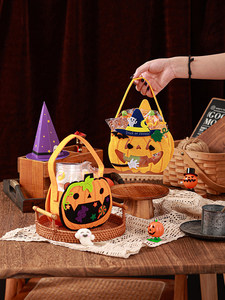Cesto in feltro per caramelle di Halloween, borsa tote a forma di gatto e pipistrello per il Festival dei Fantasmi, borsa decorativa colorata a forma di zucca per dolcetti - Product Image 2
