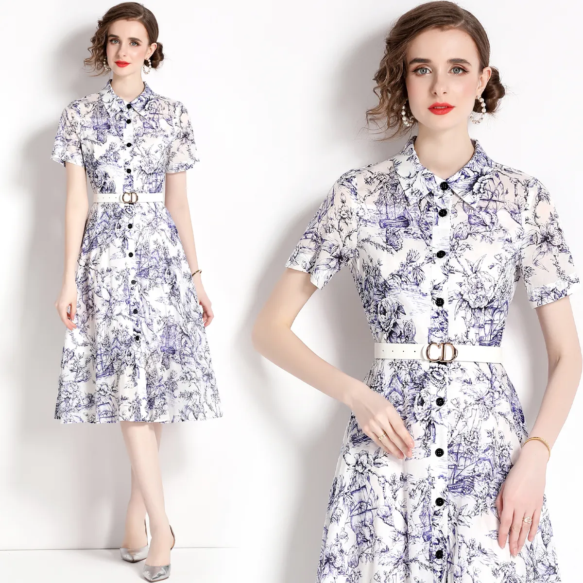 Droma 2023 hot style elegant fashion vintage printed short sleeve summer midi ladies dress cheap price casual dresses for women
