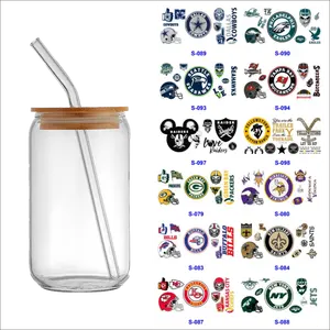 Custom Sports Team Logo Transfer Printing Ready to Stick 16oz Glass UV DTF Cup Wraps con Football Basketball Pattern