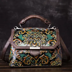 Wholesale Retro Embossed Flower Women Bag Good Quality Genuine Leather Vintage Handbag For Elegant Lady