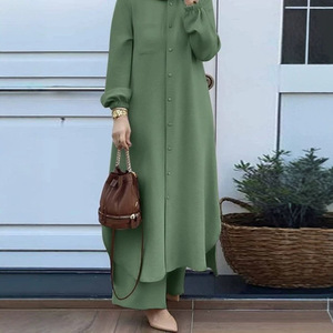 Nuovo Set Abaya Musulmano a <span class=keywords><strong>Due</strong></span> Pezzi, Vestito Largo con Bottoni e Pantaloni a Gamba Larga, Outfit Islamico Modesto per Donne di Dubai - Product Image 1