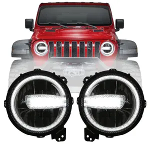 Lampu Depan DRL LED 9 "Hi/Lo, Aksesori Mobil Lampu Depan Putih Halo untuk Jeep Wrangler JL Rubicon 2022 + 9 Inci Terbaru 2018