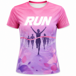 Kaos Lari Wanita Custom Pink Ungu Gradasi Cetak Digital Cepat Kering Bernapas Motif Bunga untuk Wanita - Product Image 1