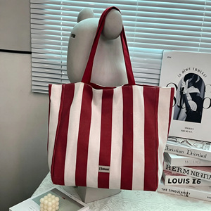 Women's Customized Logo Red Navy Blue Striped <b>Canvas</b> <b>Tote</b> Bag Simple Shoulder Bag Large Capacity Handbag for Daily Use - Product Image 3