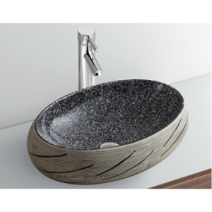 Lavabo de comptoir en céramique noire Ouni 600x405mm, ovale, bicolore, brossé, pour salle de bain d'hôtel - Product Image 3