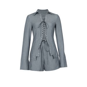 เสื้อเชิ้ตแขนยาวลายทางลำลองสำหรับผู้หญิงและกางเกงขาสั้นชุดแฟชั่น 2 ชิ้น - Product Image 6