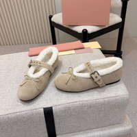 Chaussures plates pour femmes, blanches, doublées de polaire pour l'hiver, style Mary Jane, en daim, avec boucle à nœud, confortables et chaudes, ballerines de haute qualité, chaussures de luxe