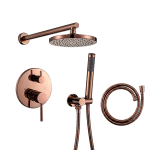 Sistema de ducha oculto de oro rosa, montado en la pared, con cabezal de lluvia, termostático, monomando, panel indicador de temperatura y rociador de mano - Product Image 1