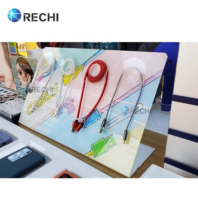 RECHI Counter L Shape Acrylic Cell Phone Accessory Retail Display Stand Rack for Charging Cables POS Display With UV Print Sign