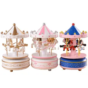 christmas ornament customized wooden round carousel music boxes for Christmas decoration supplier