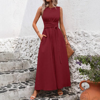 Robes de bureau pour femmes prêtes à être expédiées, longues, sans manches, à nouer à la taille, style A-line, maxi, élégantes, décontractées, pour les vacances